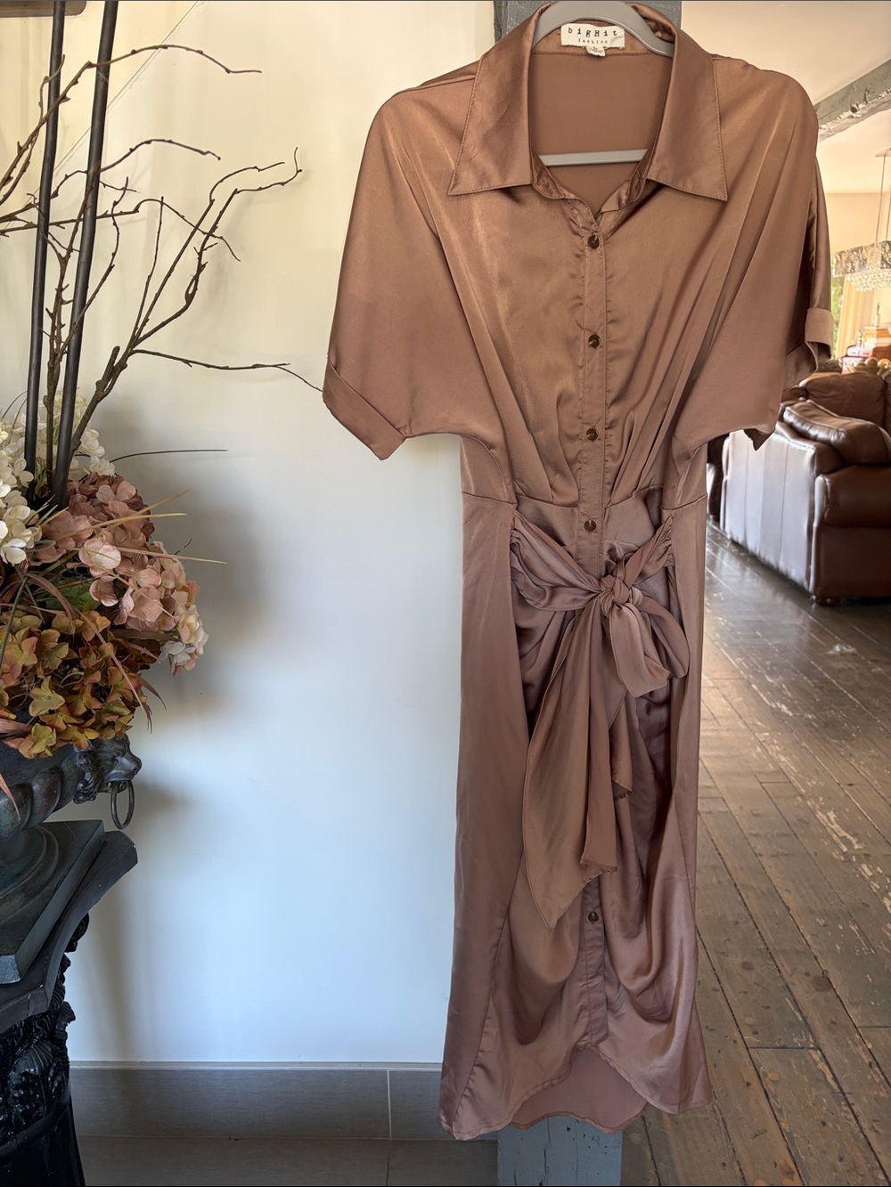 BrownRose Satin Shirt Dress with Waist Tie by big hit London